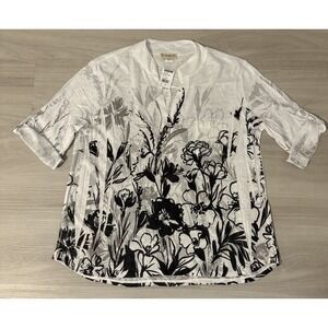 Impulse California Womens Shirt Floral Knit Top Black White Sequin Roll Tab XL